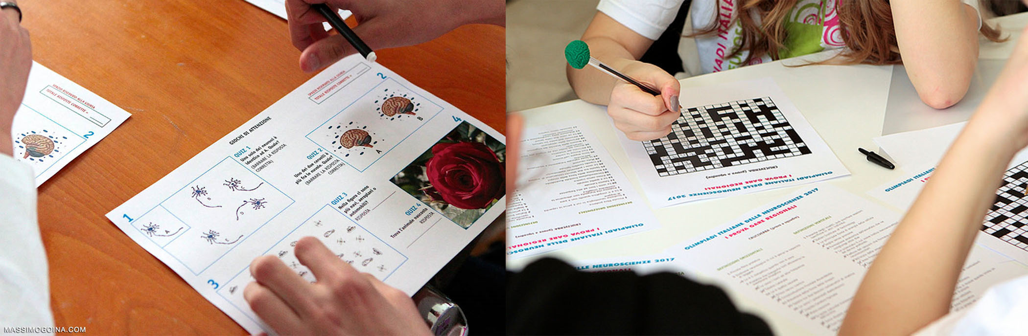 Closeups of students working on crossword puzzles