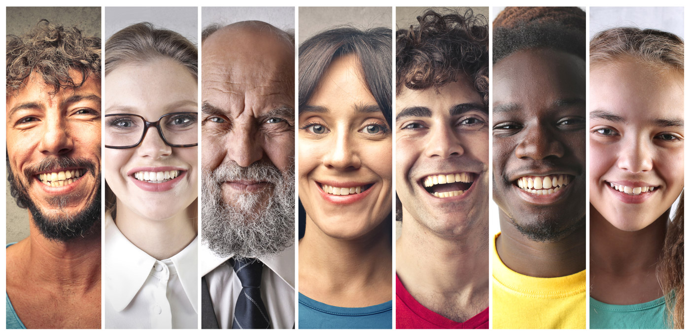 Stock photo of seven different portraits of smiling people alongside one another
