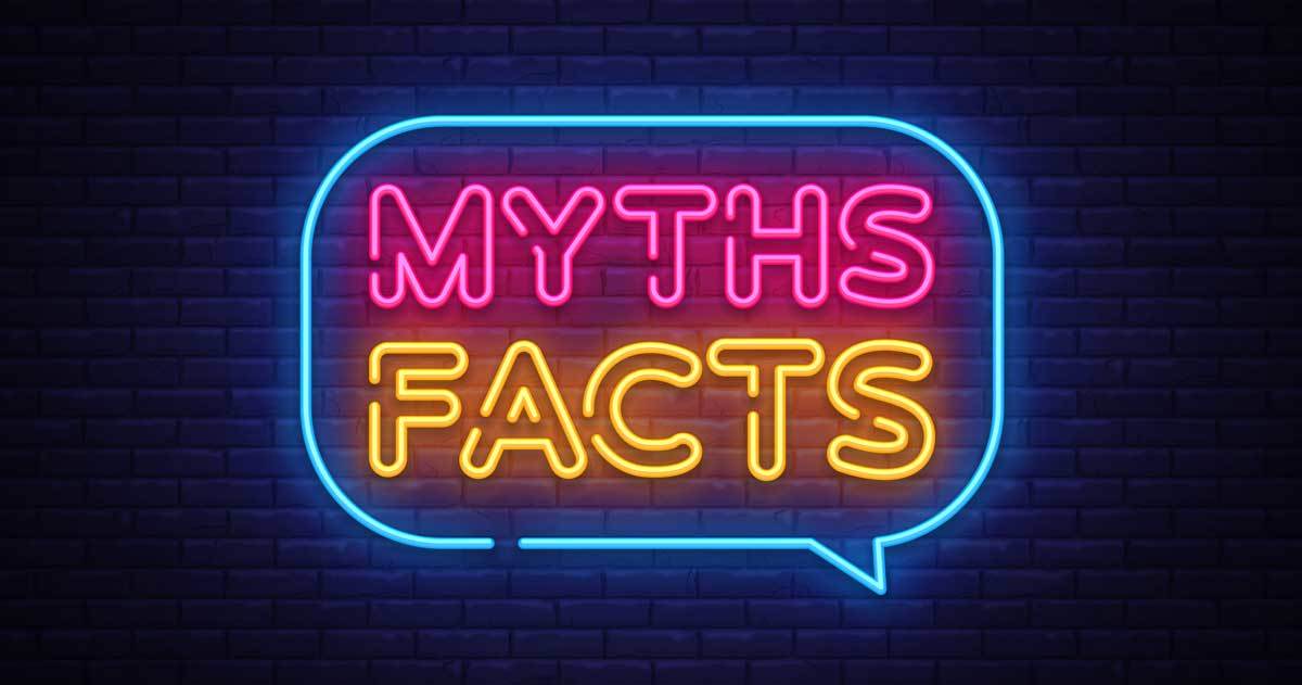 Neon light speech bubble spelling out "Myths, Facts"