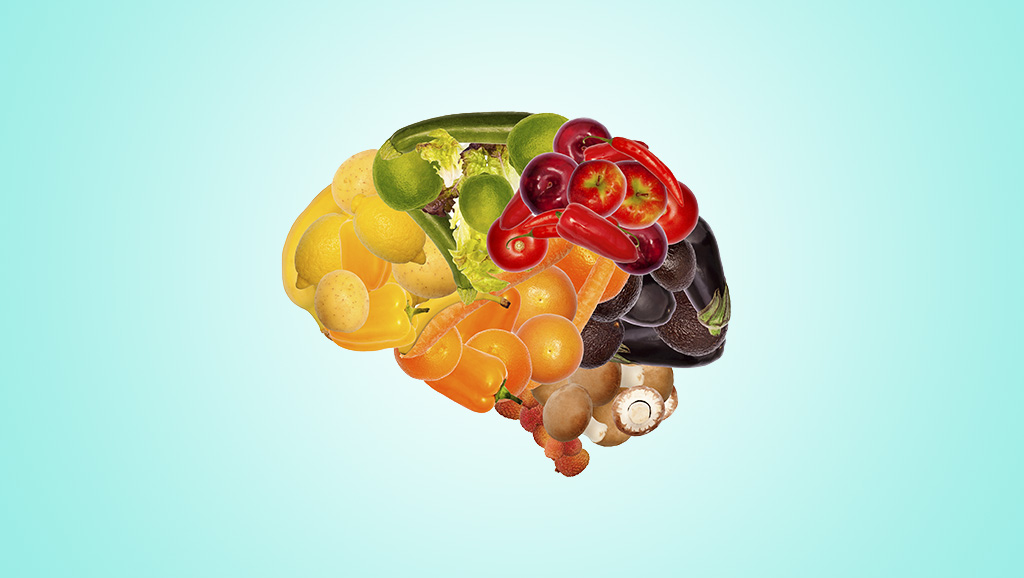 Illustration of fruits and vegetables making up the shape of a human brain