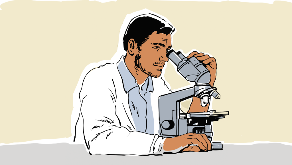 Illustration of scientist looking through microscope