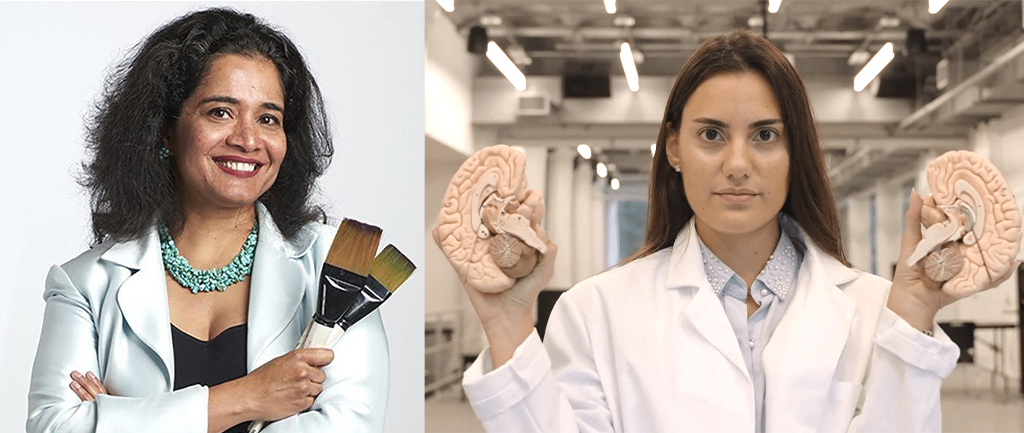 Photo of two researchers, one holding paintbrushes, the other holding a brain diagram