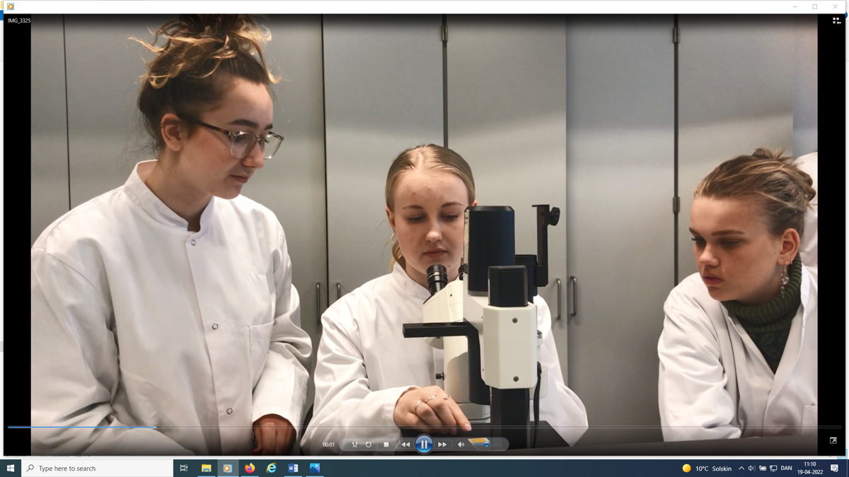 Students in lab coats looking at microscope