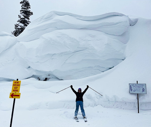 Person posing with skiis in snow